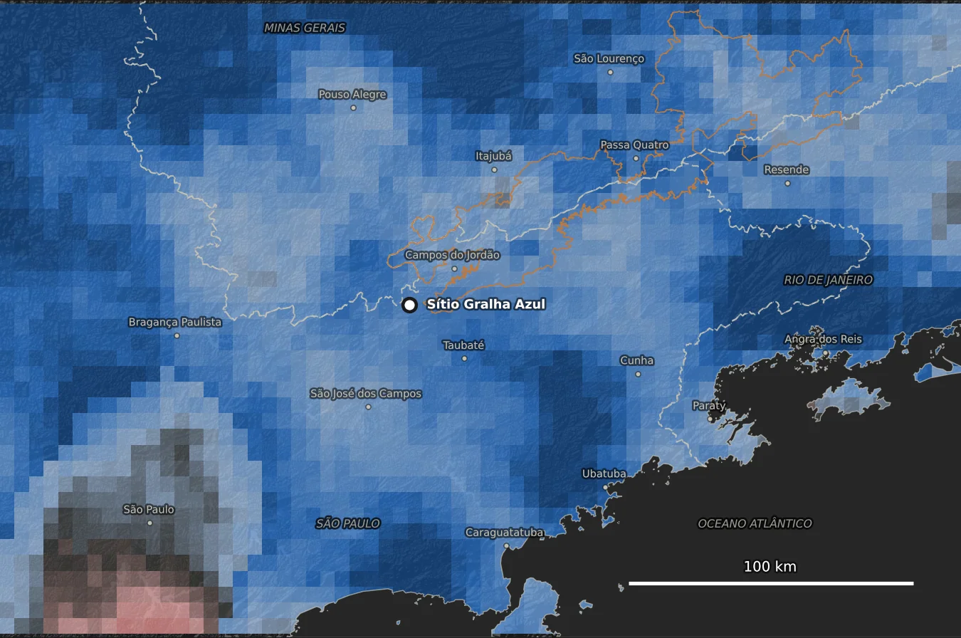 Mapa de anomalia de chuva de jun–ago de 2026 em porcentagem do normal